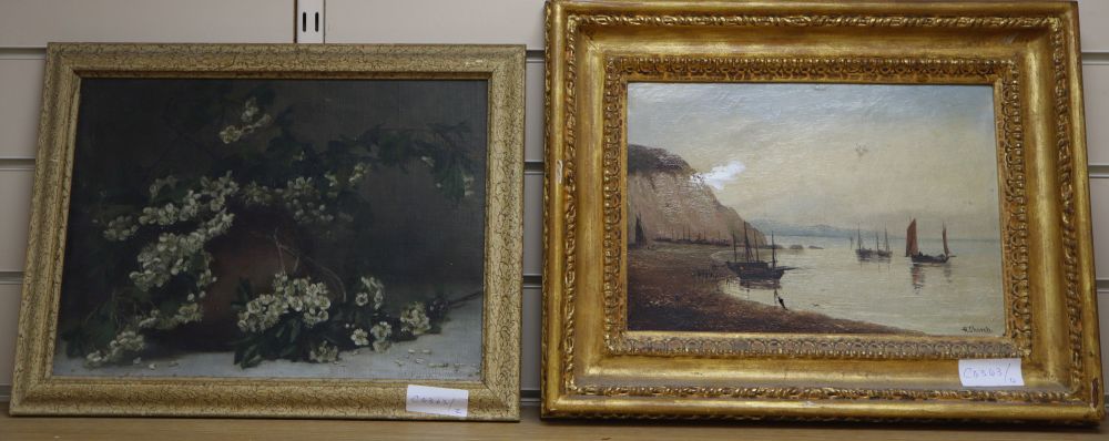 H Church, oil on canvas, Coastal landscape with fishing boats, signed, 22 x 32cm (a.f.) and a still life of flowers by Postlethwaite, 2